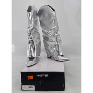 Nine West Amazin3 Fold Over Boots Women 6 Silver Metallic Pointed Toe - New